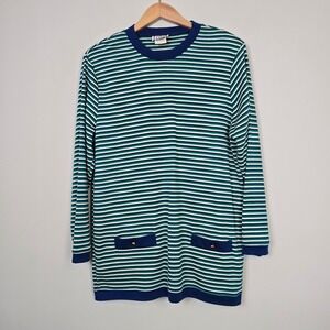 Vintage Cricket Lane Striped Tunic Sweater M USA Made Blue Green Acrylic Mod 80s